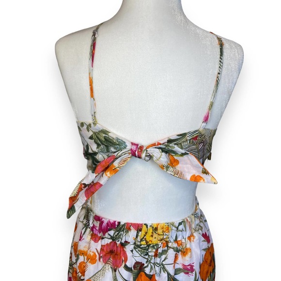 Chelsea & Violet Tropical Floral Print Tiered Midi Dress Linen Blend Tie Back - Picture 7 of 12